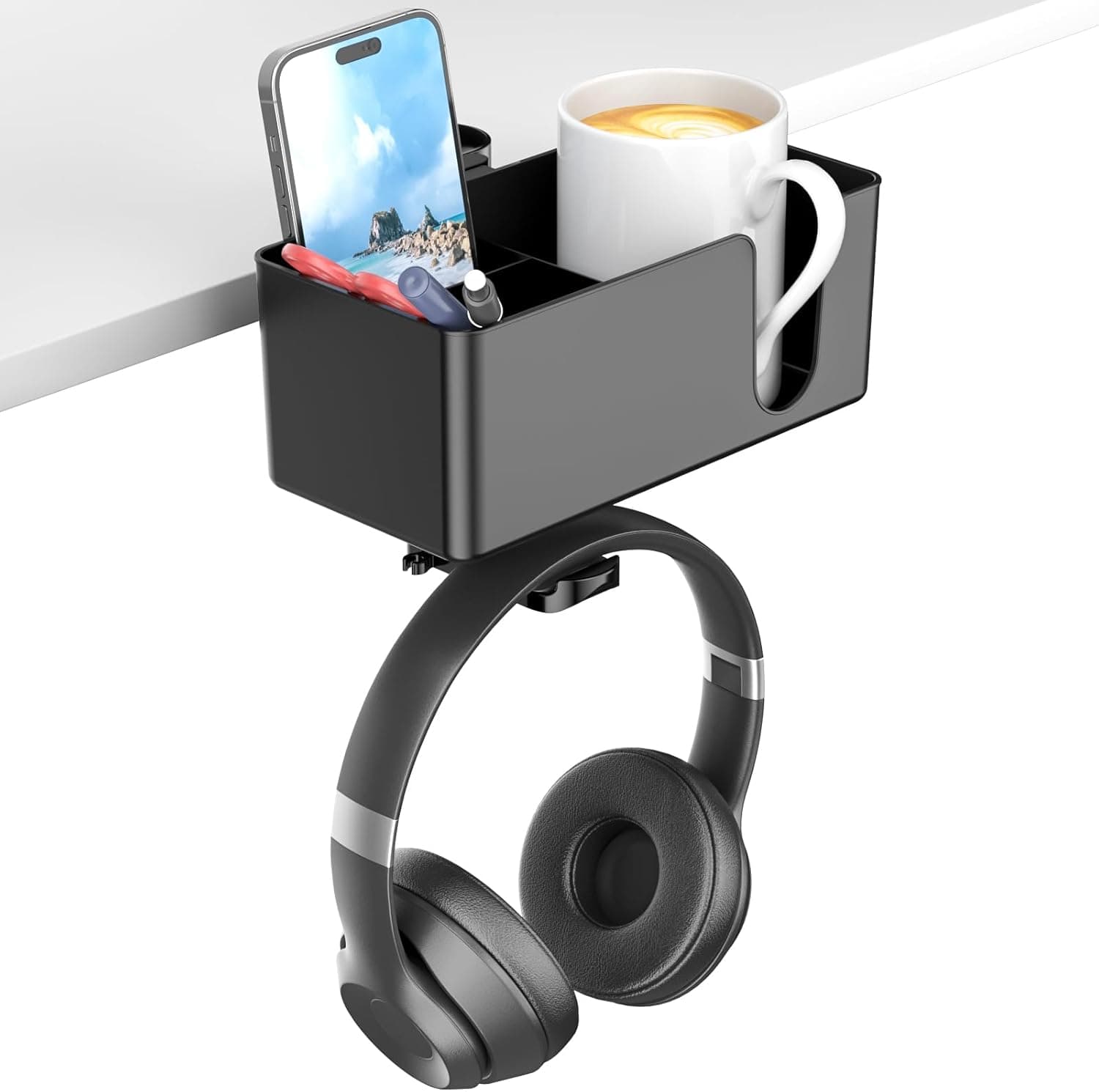 Soporte de escritorio con hueco para taza y auriculares