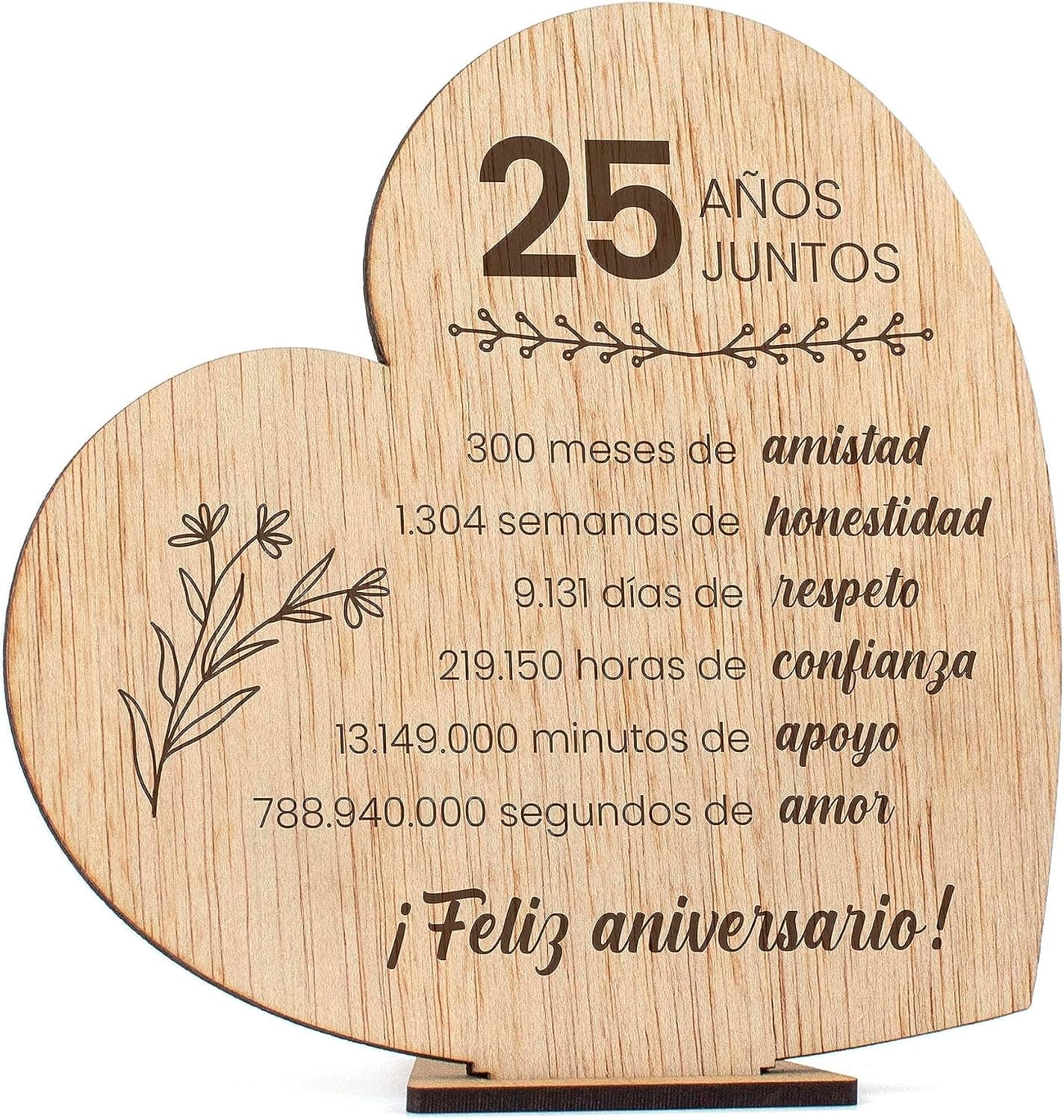 Tarjeta de madera conmemorativa de las bodas de plata sobre su soporte
