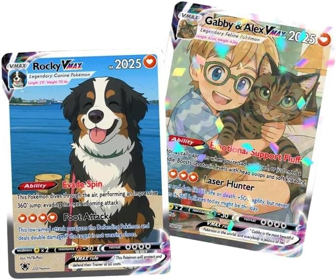 Dos tarjetas personalizadas estilo carta coleccionable con la ilustración de una mascota