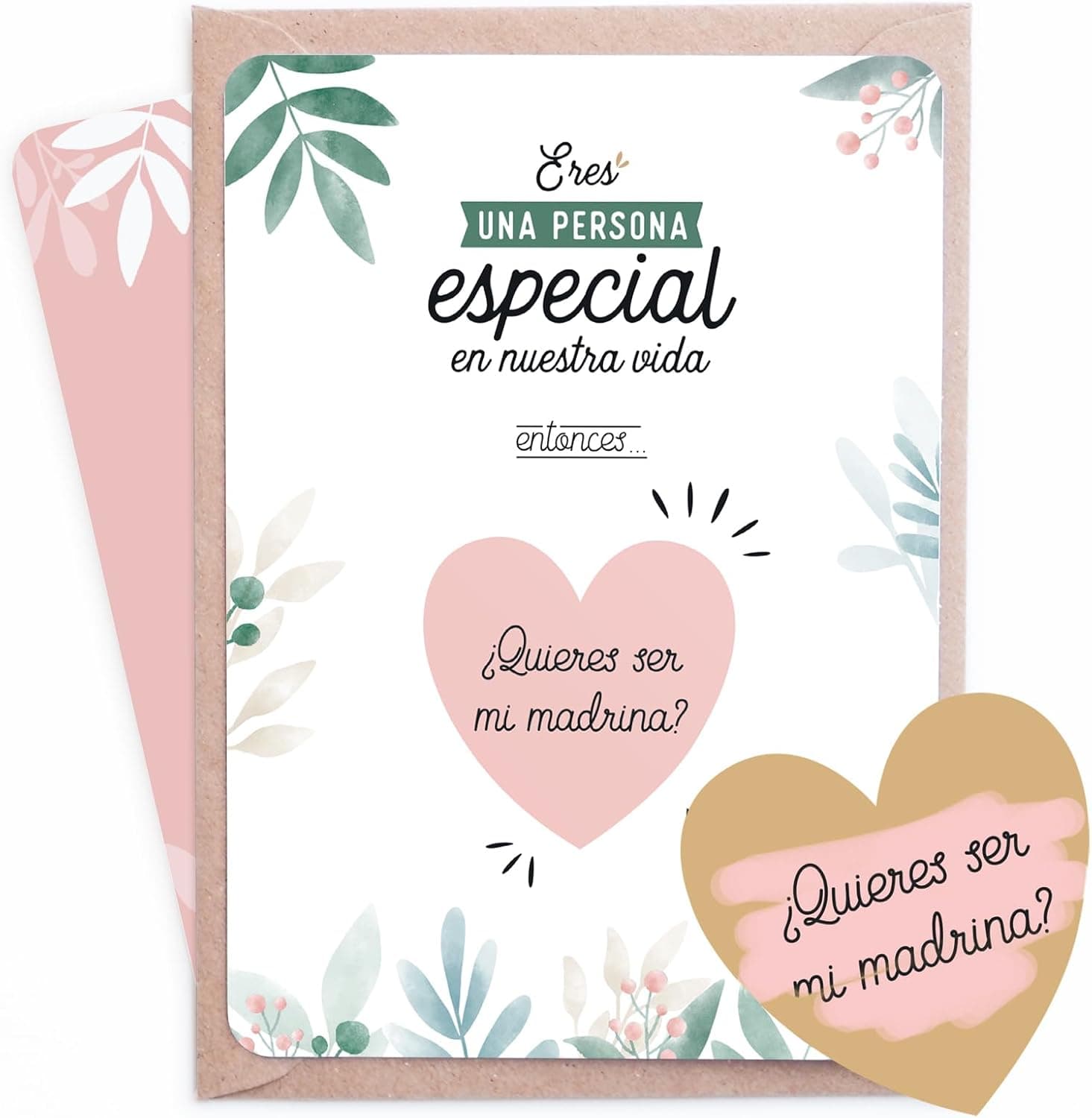 Tarjeta floral con un corazón rosa que dice «¿Quieres ser mi madrina?» y, superpuesto, el corazón dorado a medio rascar mostrando el mismo texto