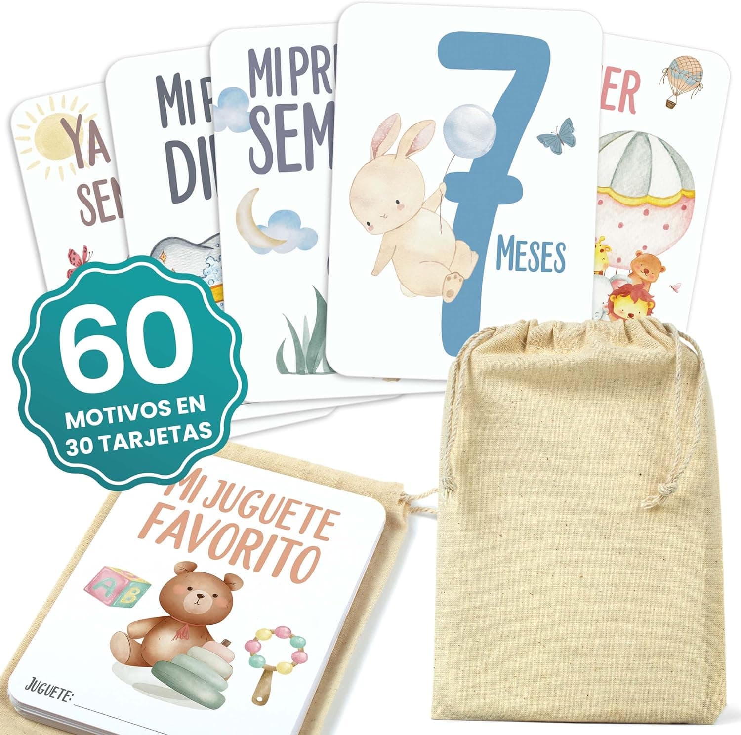 Las sesenta ilustraciones del set extendidas, con los números de los meses y los hitos del primer año