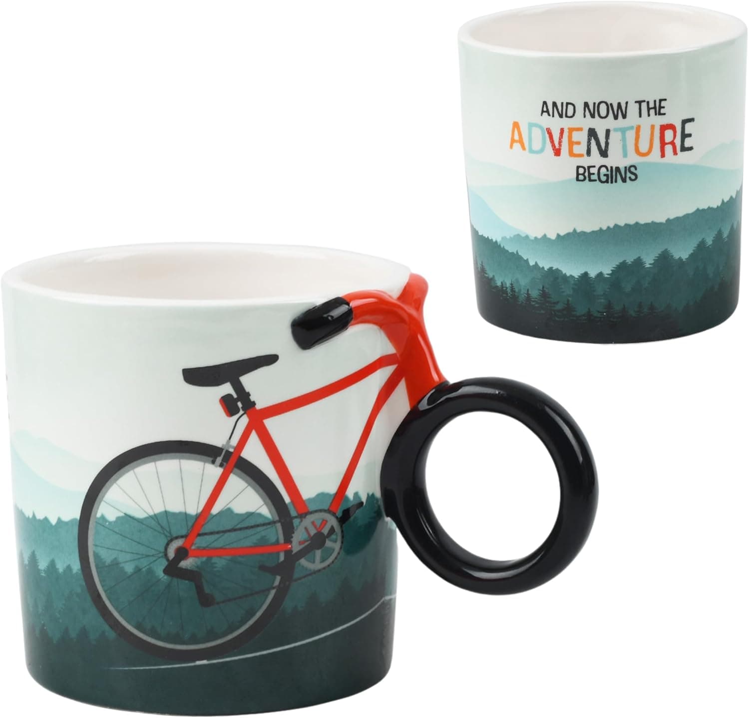 La taza con la bicicleta roja dibujada de perfil y el asa moldeada con forma de manillar y rueda trasera