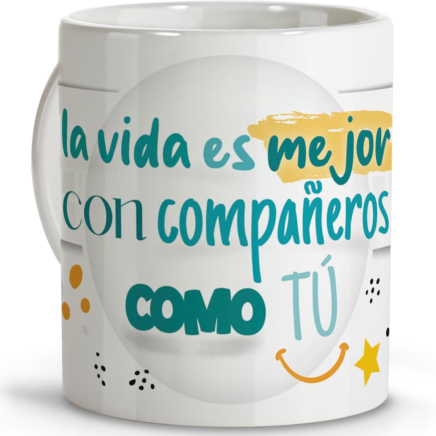 Taza blanca con la frase «la vida es mejor con compañeros como tú» en letras de colores