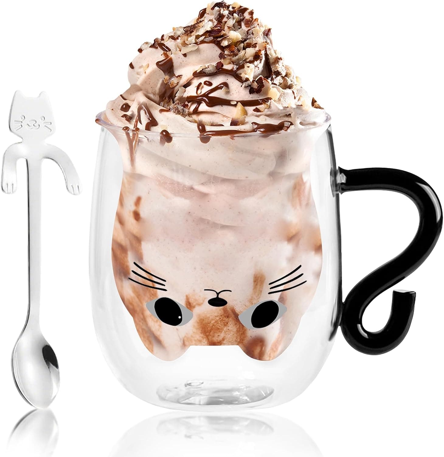 Taza de cristal con forma de gato y doble pared, con una bebida de café dentro