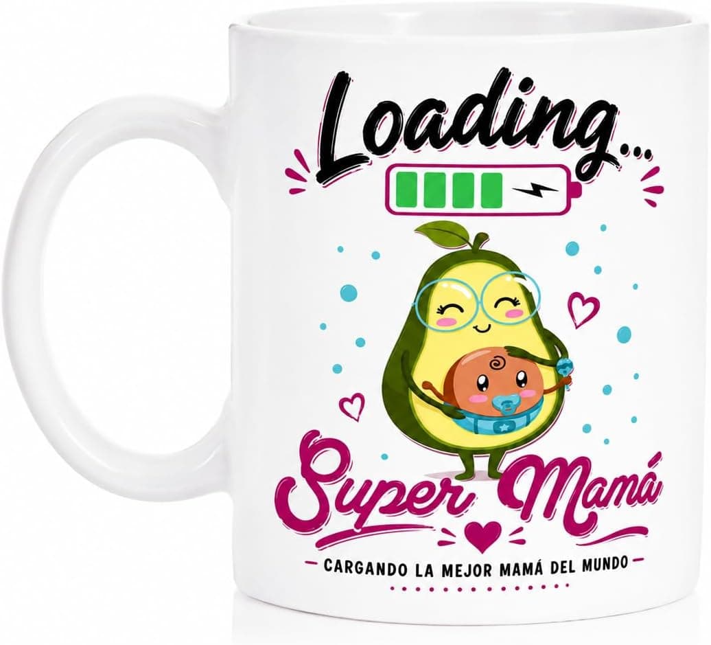 Taza con el mensaje Futura mamá. Loading super mamá