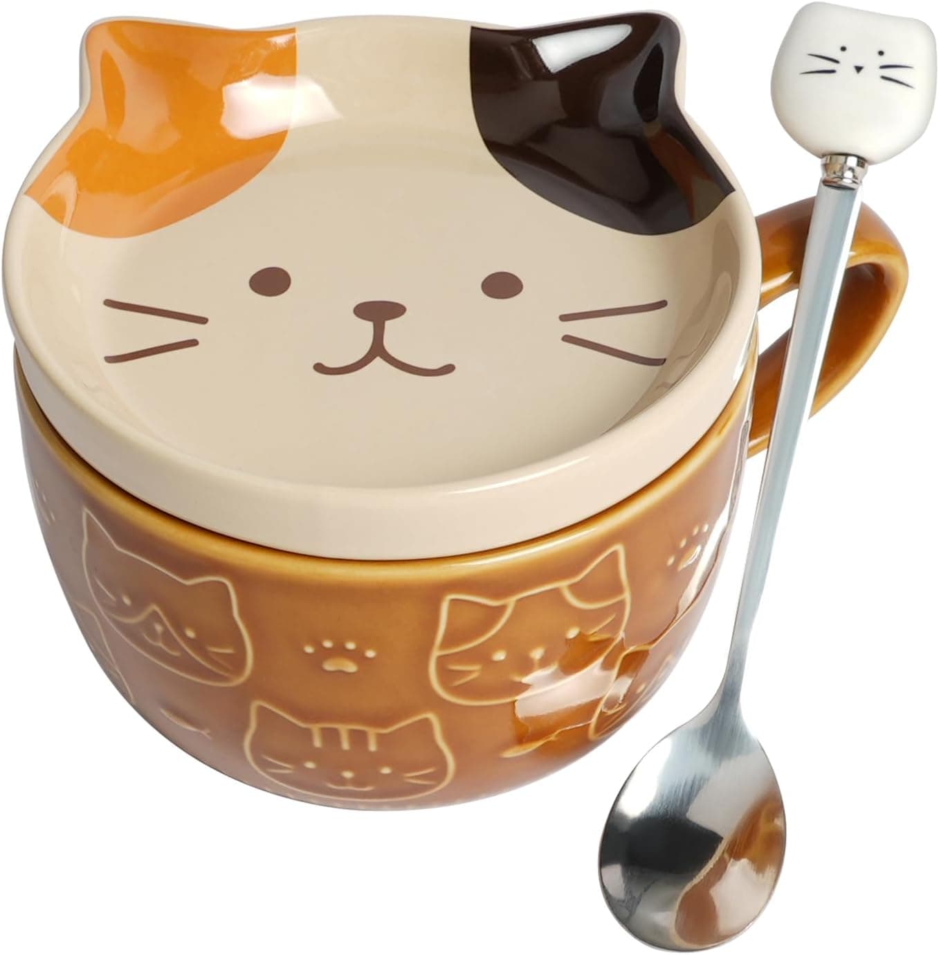 Taza de cerámica con cara de gato, tapa a juego y cuchara pequeña