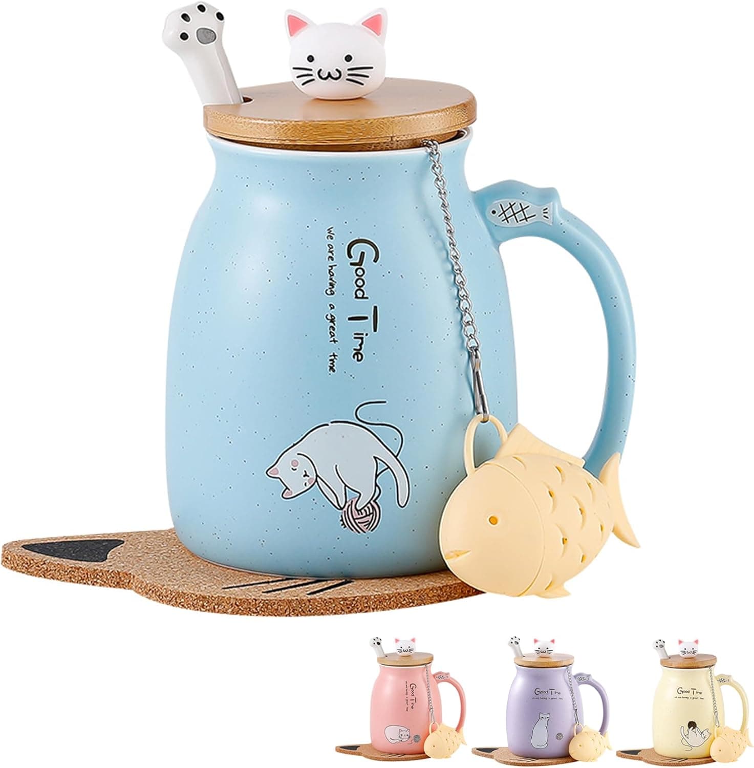 Taza de cerámica con forma de gato y tapa a juego