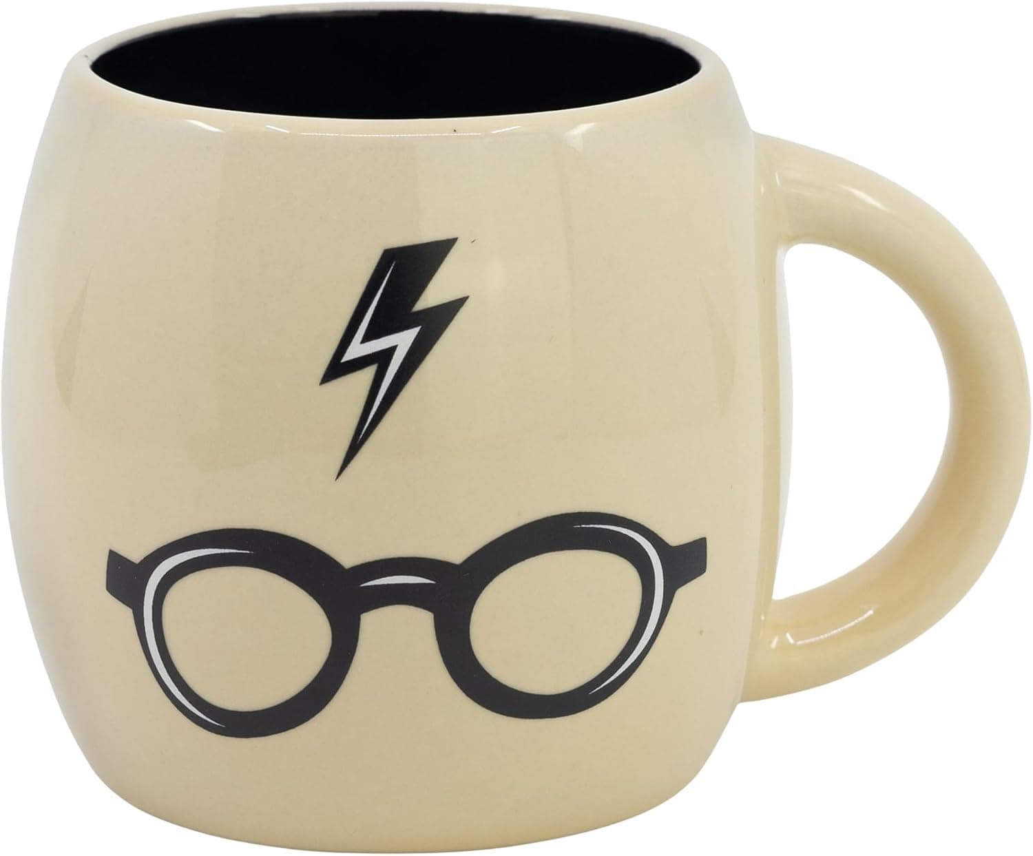 Taza panzuda color crema con las gafas redondas y la cicatriz dibujadas en negro