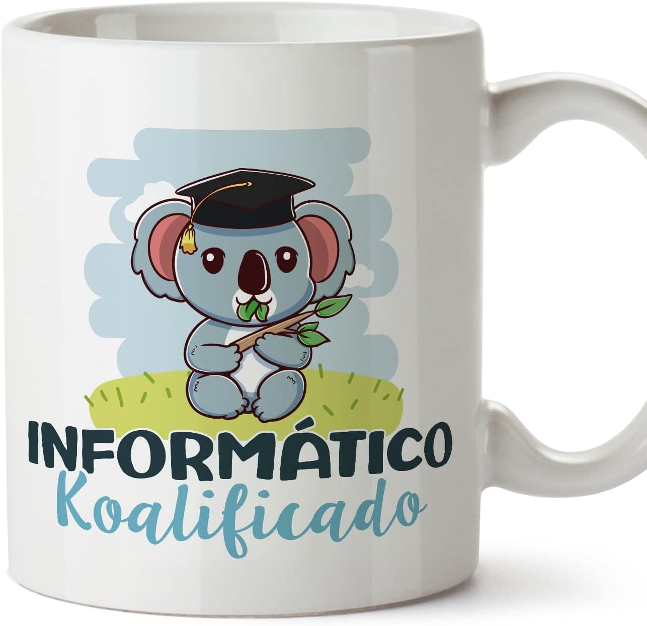 Taza blanca con un koala con birrete y el texto «Informático koalificado»