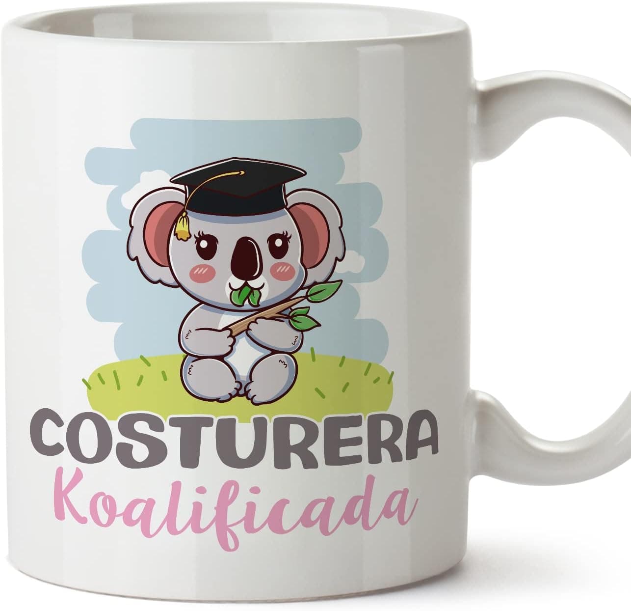 Taza blanca con la ilustración de un koala y el juego de palabras «koalificada»