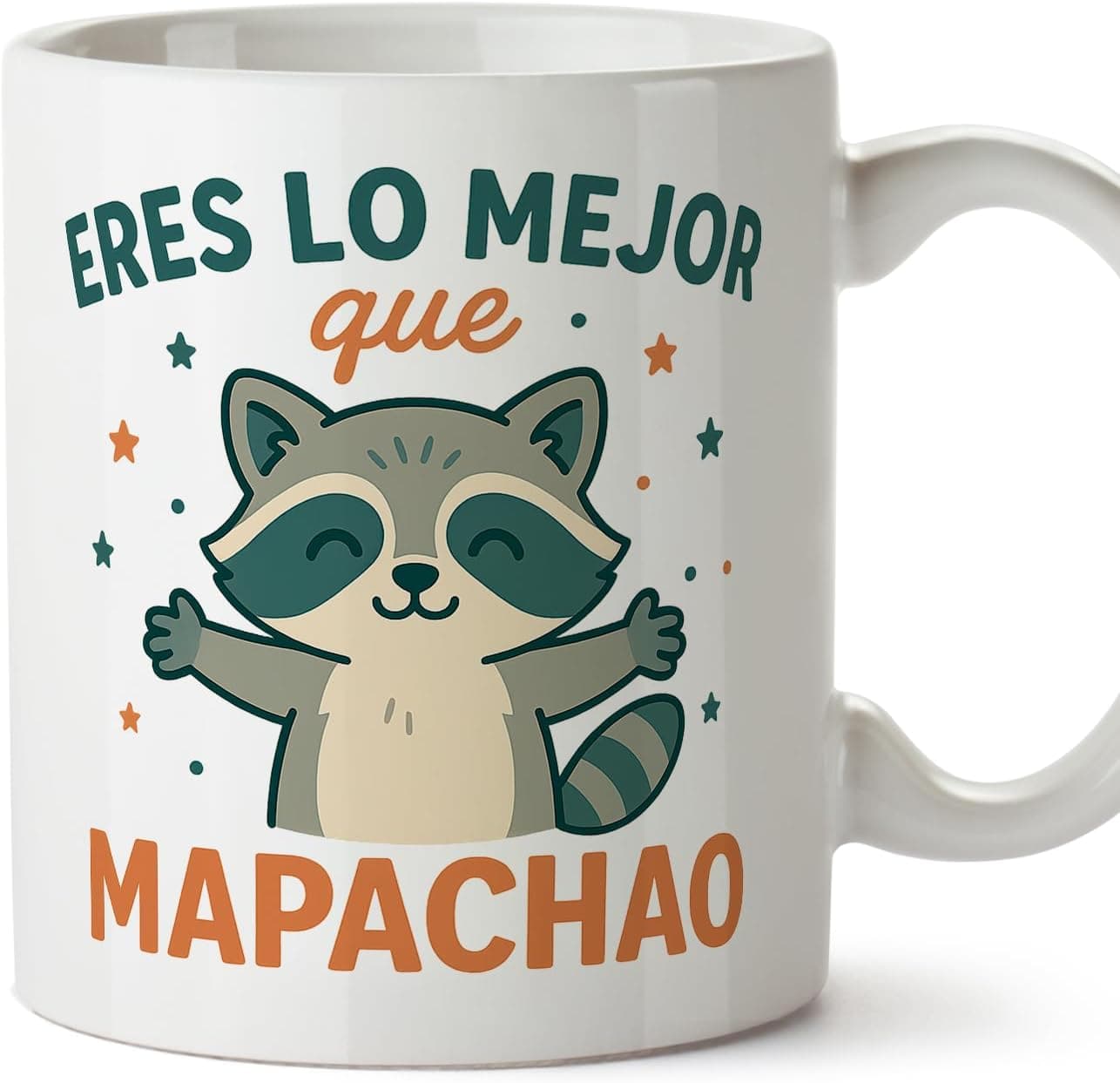 Taza blanca con el dibujo del mapache y la frase