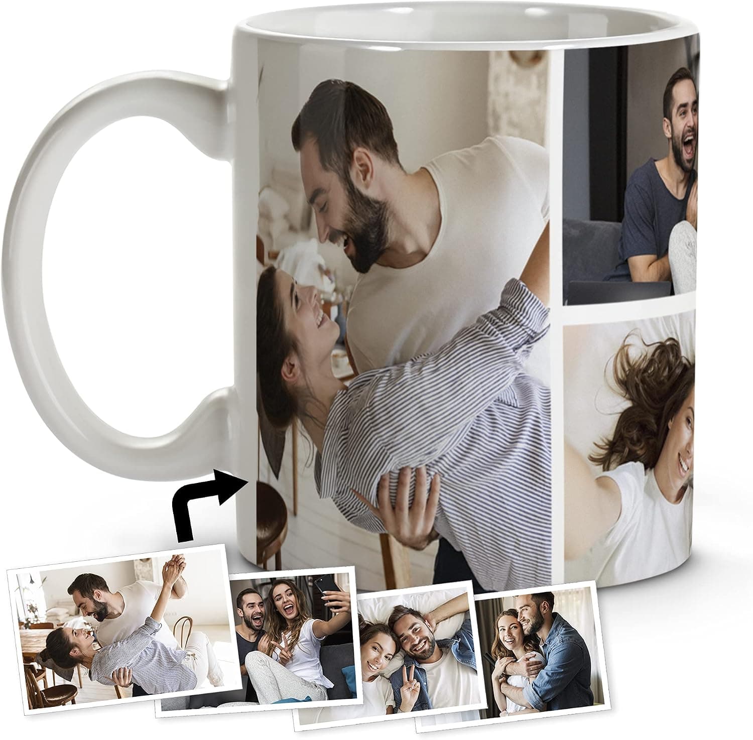 Taza blanca con un collage de cuatro fotos de pareja impresas alrededor, junto a las fotos originales usadas para el diseño