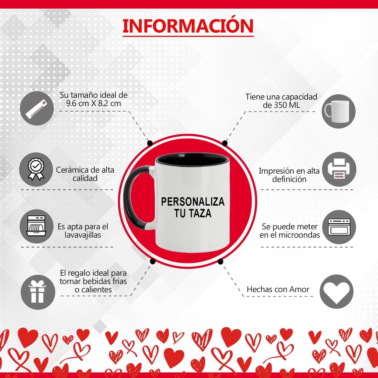La taza en el centro rodeada de las ocho combinaciones de color de interior y asa disponibles, en verde, naranja, azul, rojo, rosa y amarillo