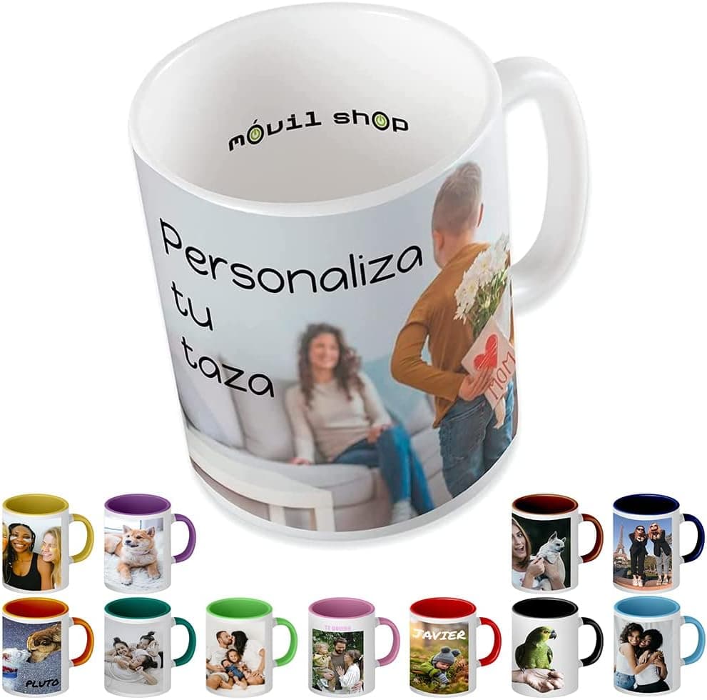 Taza blanca con una foto de pareja y el texto "Personaliza tu taza" impresos, junto a una fila de tazas de muestra con distintos colores de interior