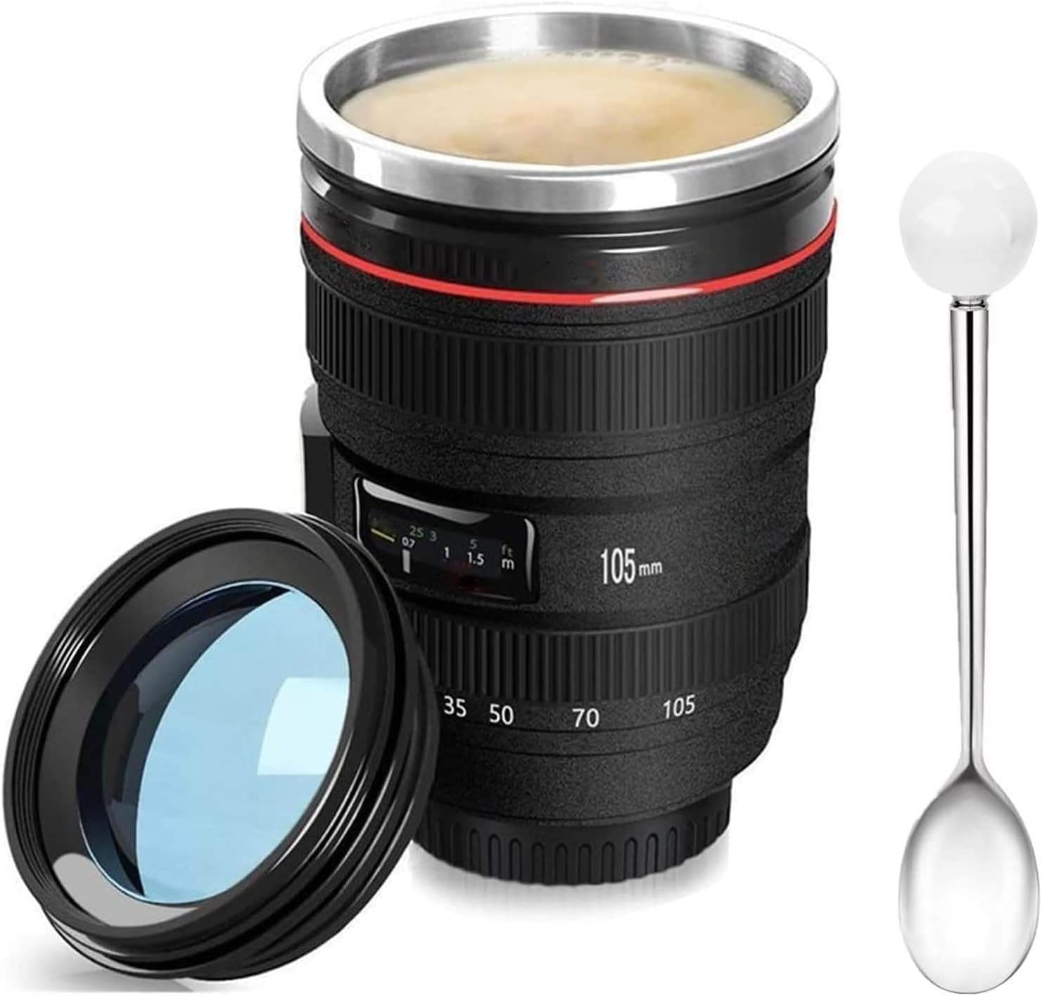 Taza térmica negra con forma de objetivo de cámara y anillos de enfoque
