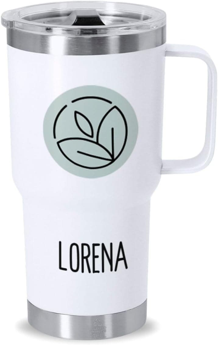Bidón térmico blanco con asa, con un icono de hojas y el nombre "Lorena" impresos | /img/regalos/taza-termica-personalizada-foto-nombre-2.jpg | Detalle de las medidas del bidón térmico y sus opciones de personalización: nombre, logo o imagen