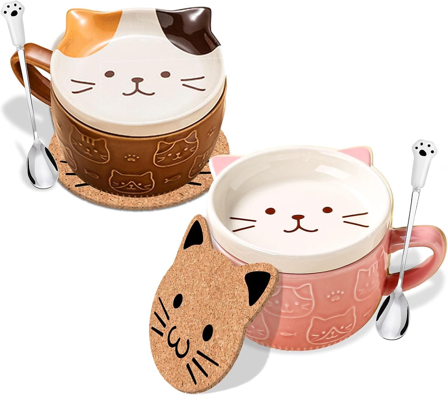 Juego de 2 tazas de gato kawaii con tapa, de BigNoseDeer