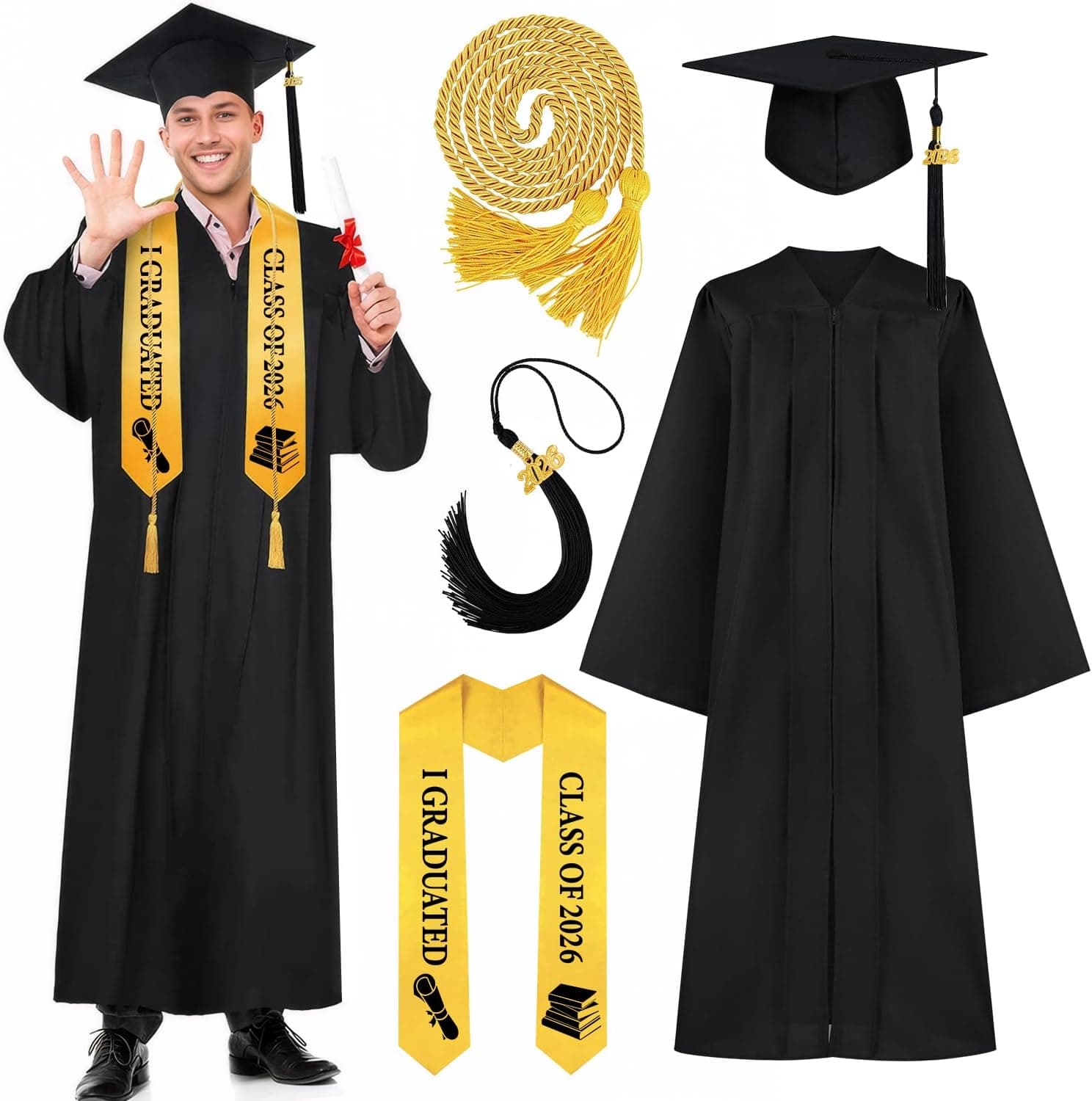 Set de toga negra, birrete con borla dorada y estola de raso de graduación