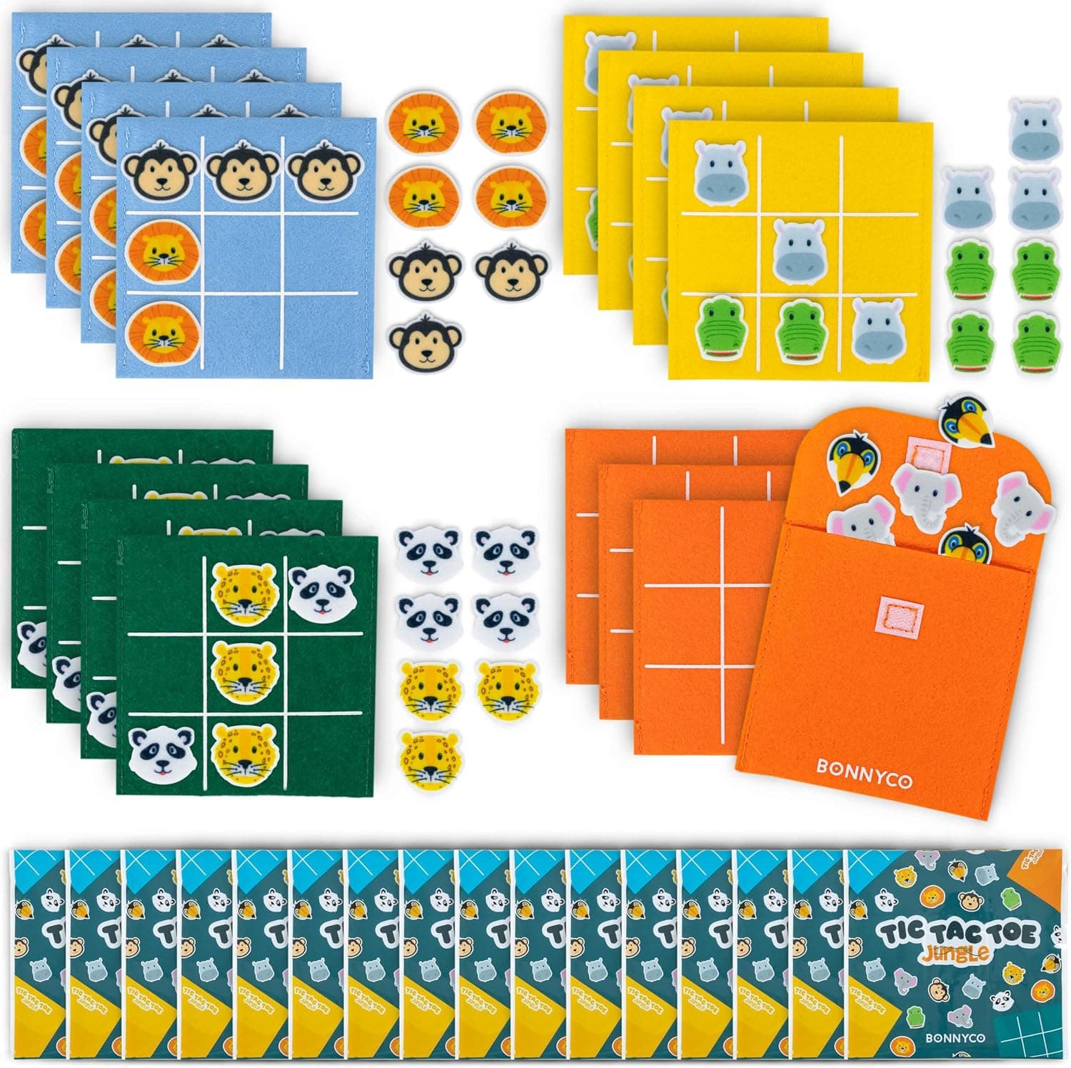 Pack de dieciséis juegos de tres en raya de fieltro con animales de la selva