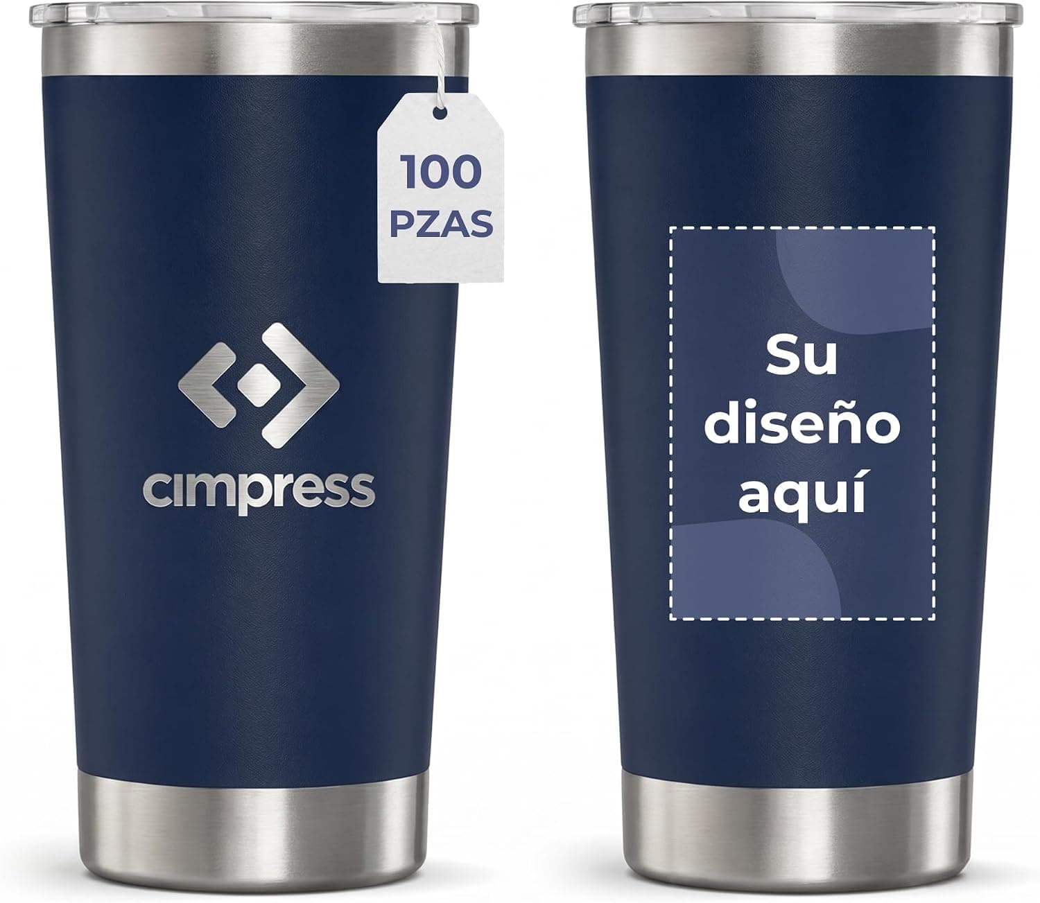 Dos vasos térmicos azul marino con tapa, uno con el logotipo de la marca y otro con un recuadro punteado marcando el área personalizable | /img/regalos/vaso-termico-personalizado-cimpress-2.jpg | Vaso térmico azul marino grabado con el nombre "Ashley" y una inicial decorada con hojas