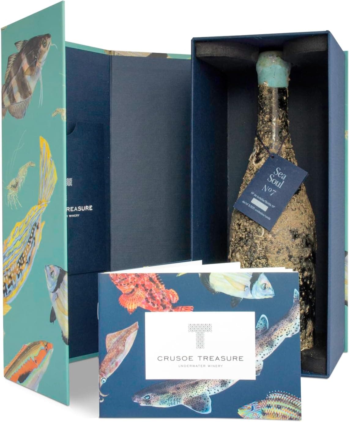 Botella de vino submarino Crusoe Treasure con incrustaciones marinas en el cristal, dentro de su estuche