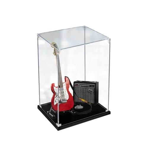 Vitrina acrílica transparente sobre una réplica LEGO de guitarra Fender Stratocaster
