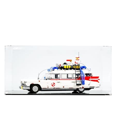 Vitrina acrílica transparente sobre una réplica LEGO del coche Ecto-1 de Cazafantasmas