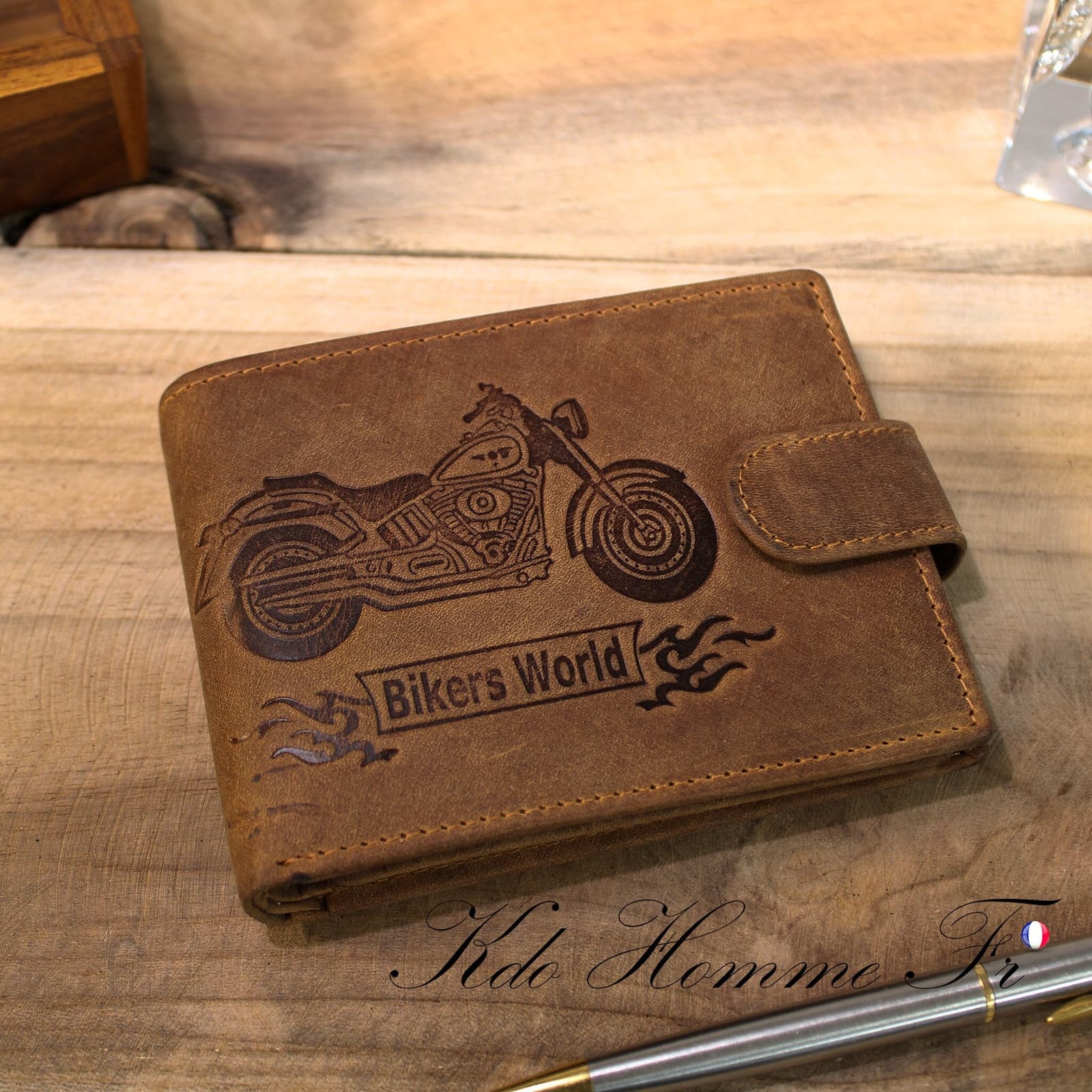 Cartera de cuero para hombre con diseño de moto