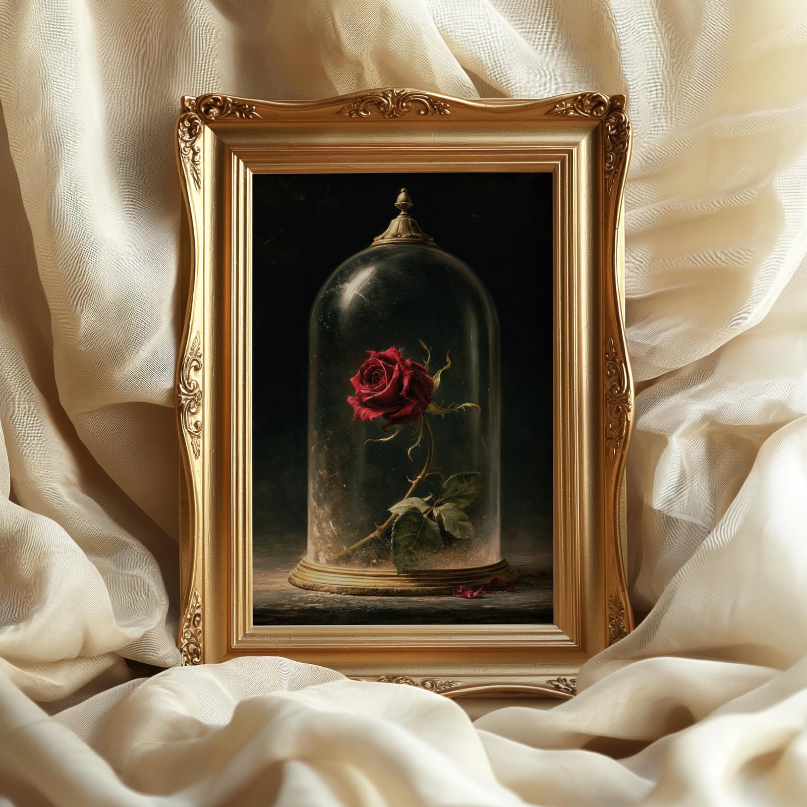 Lámina de rosa gótica bajo cúpula de cristal