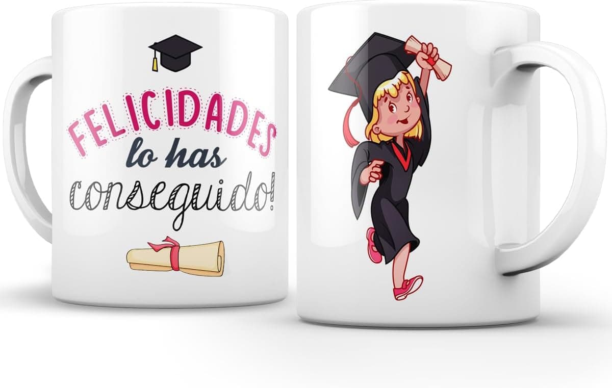 Taza blanca con el mensaje Felicidades lo has conseguido y una ilustración de una graduada con diploma