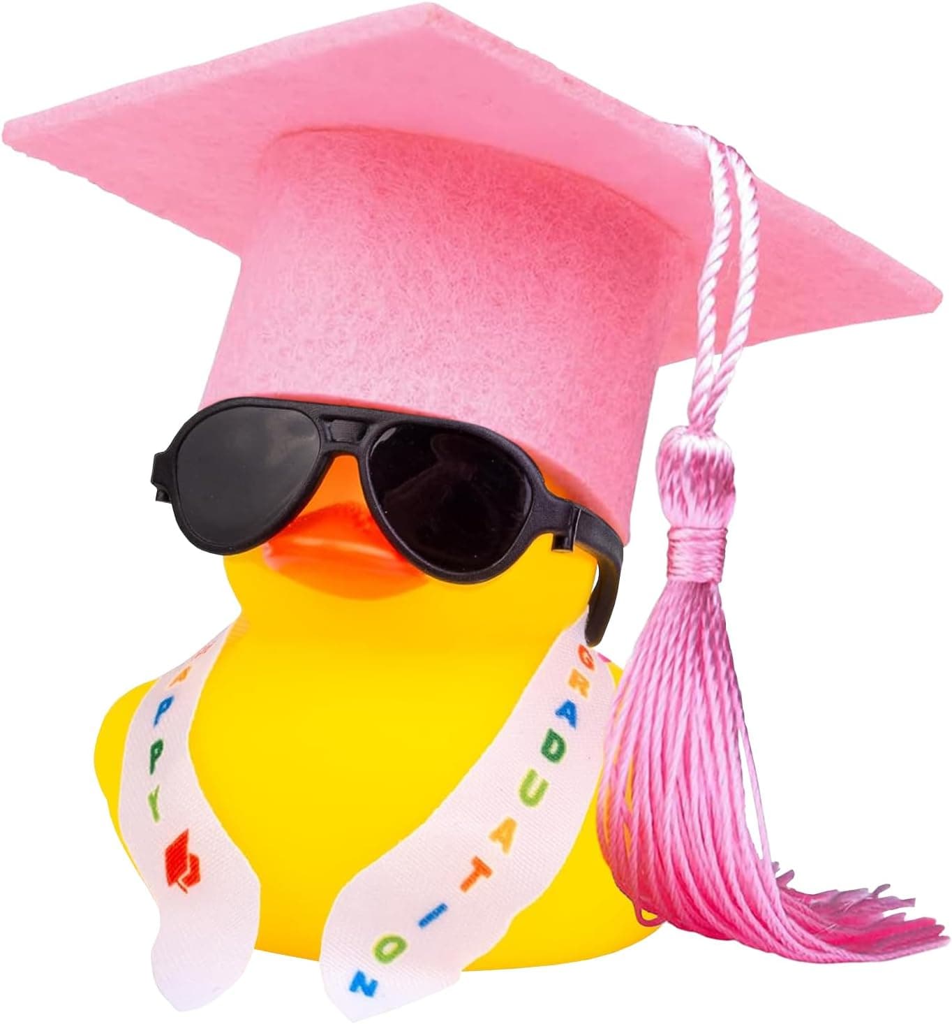 Pato de goma amarillo con birrete rosa, gafas de sol negras y banda que pone Happy Graduation