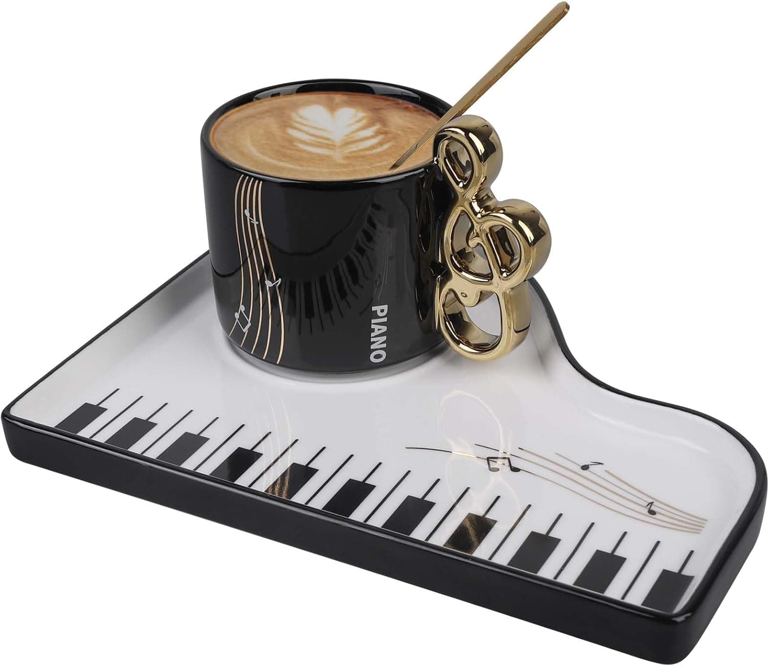 Taza de café con diseño de piano y platillo temático