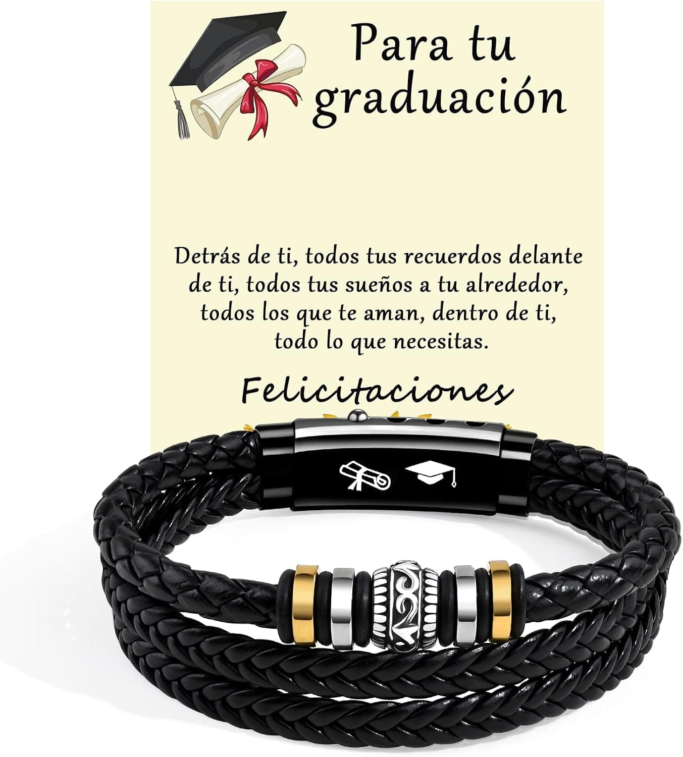 Pulsera de cuero trenzado negro con cierre grabado con birrete y diploma, sobre una tarjeta con el mensaje Para tu graduación