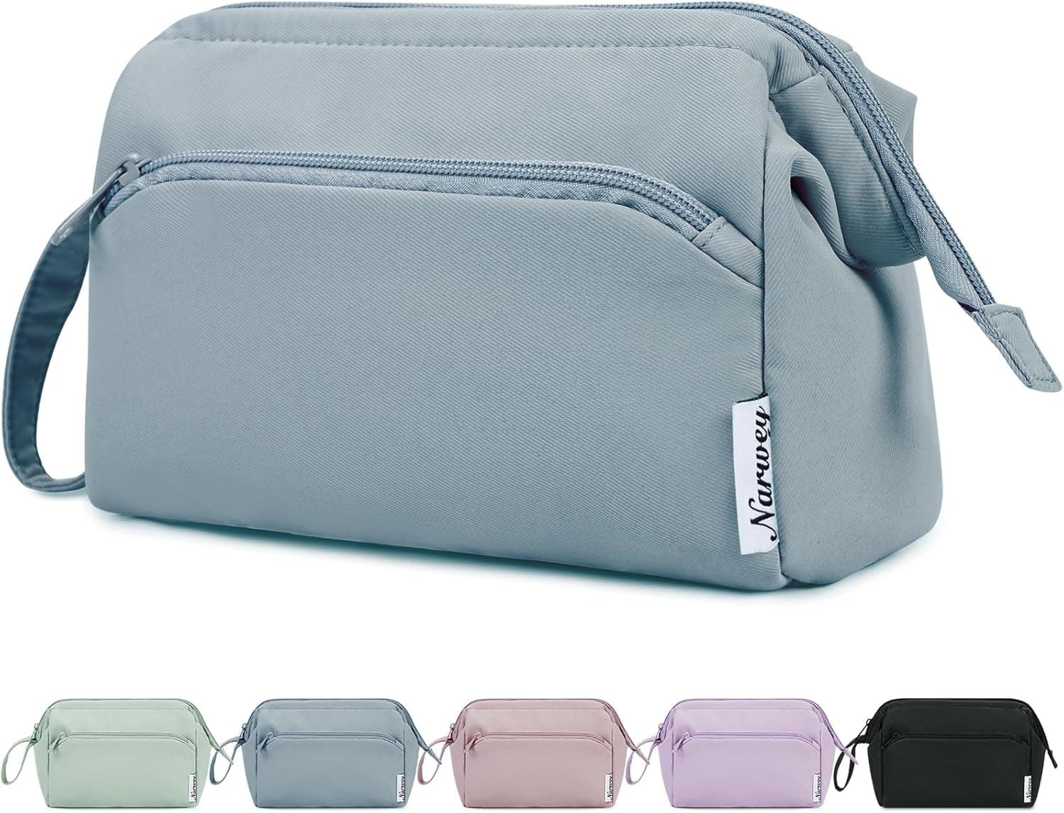 Neceser de tela en gris azulado con cremallera de gran apertura y asa de mano, junto a otros colores disponibles