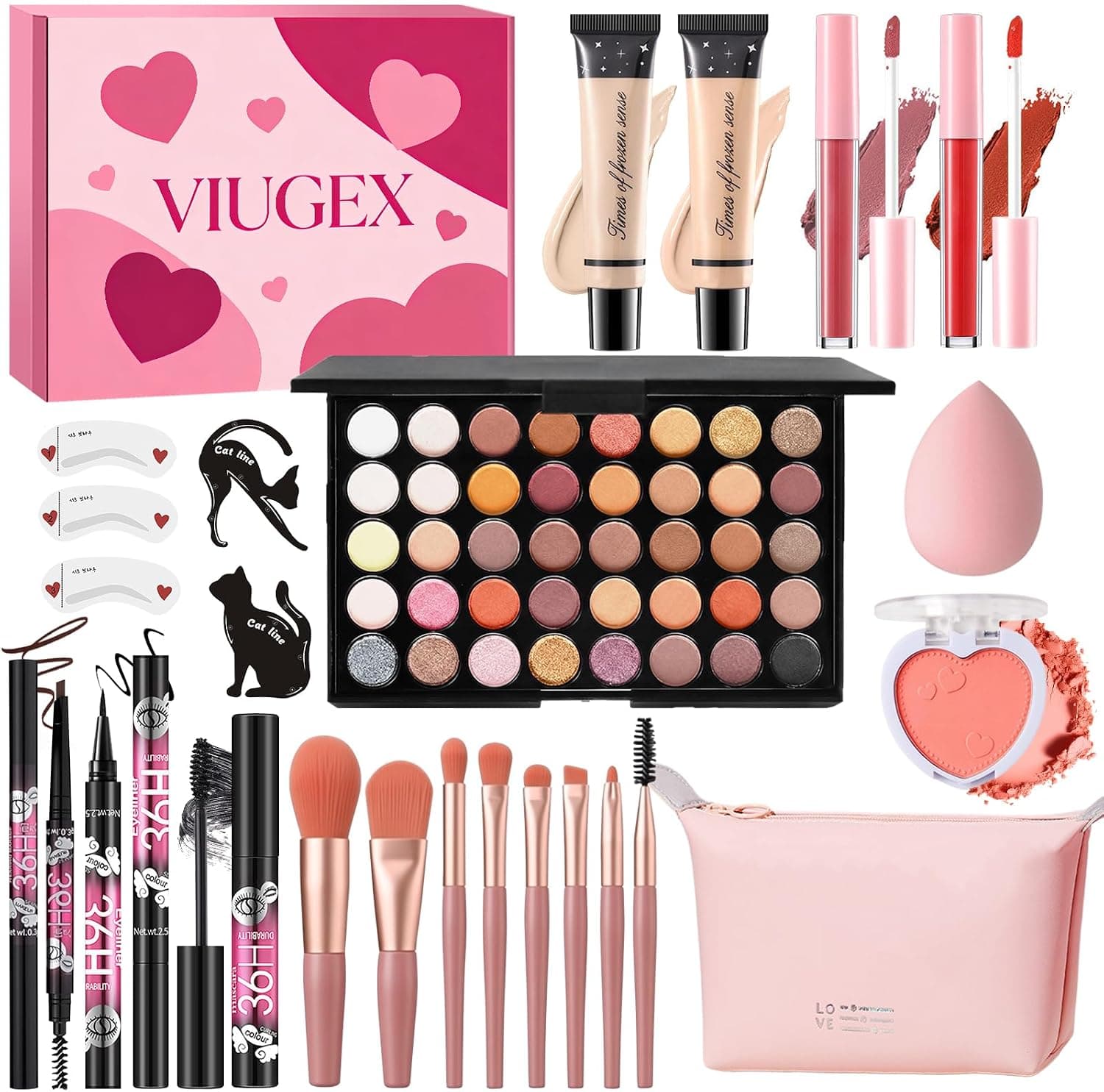 Set de maquillaje con paleta de 35 sombras, labiales, brochas rosas y neceser, presentado en caja rosa con corazones