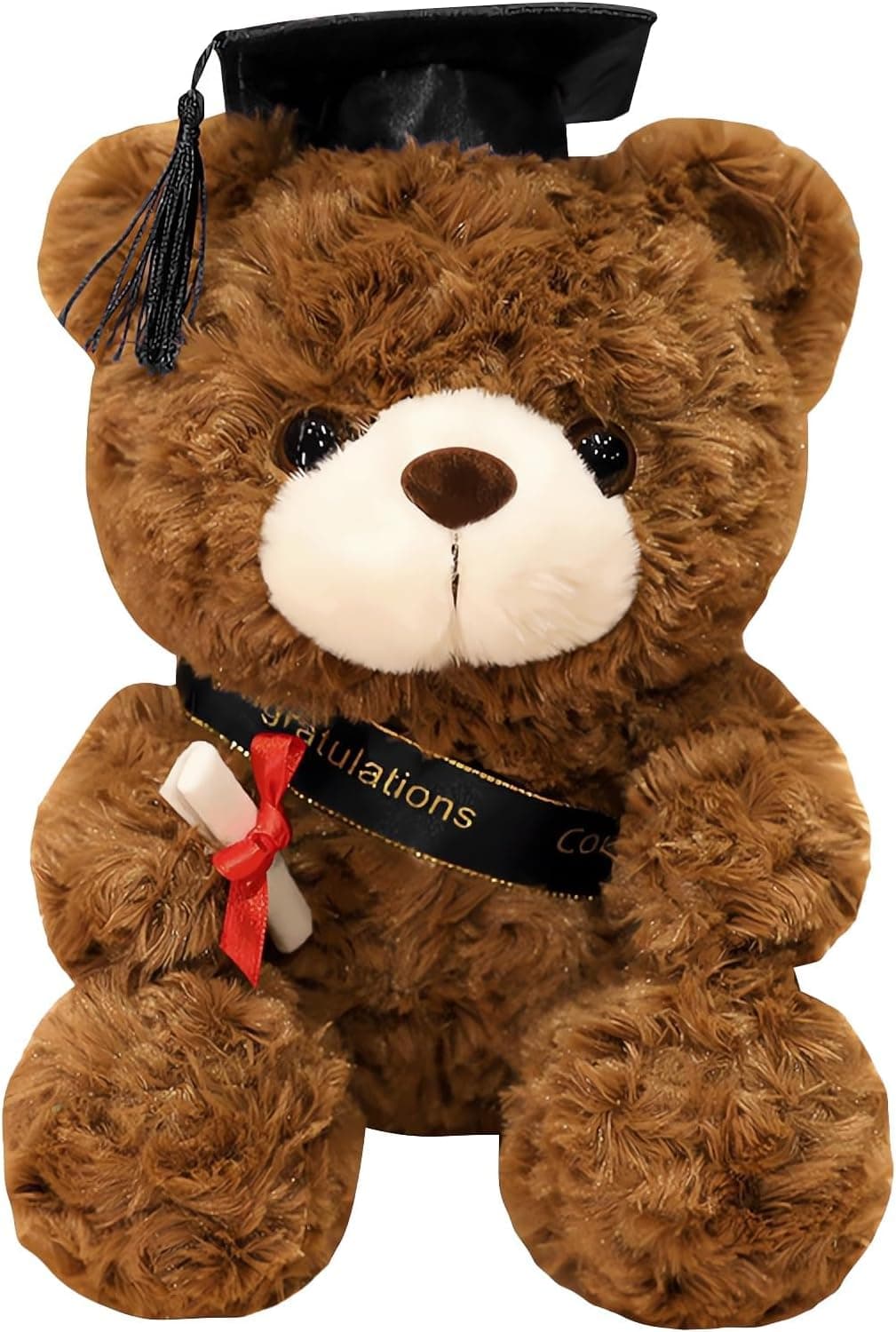 Osito de peluche marrón con birrete negro, banda de graduación y diploma en las patas