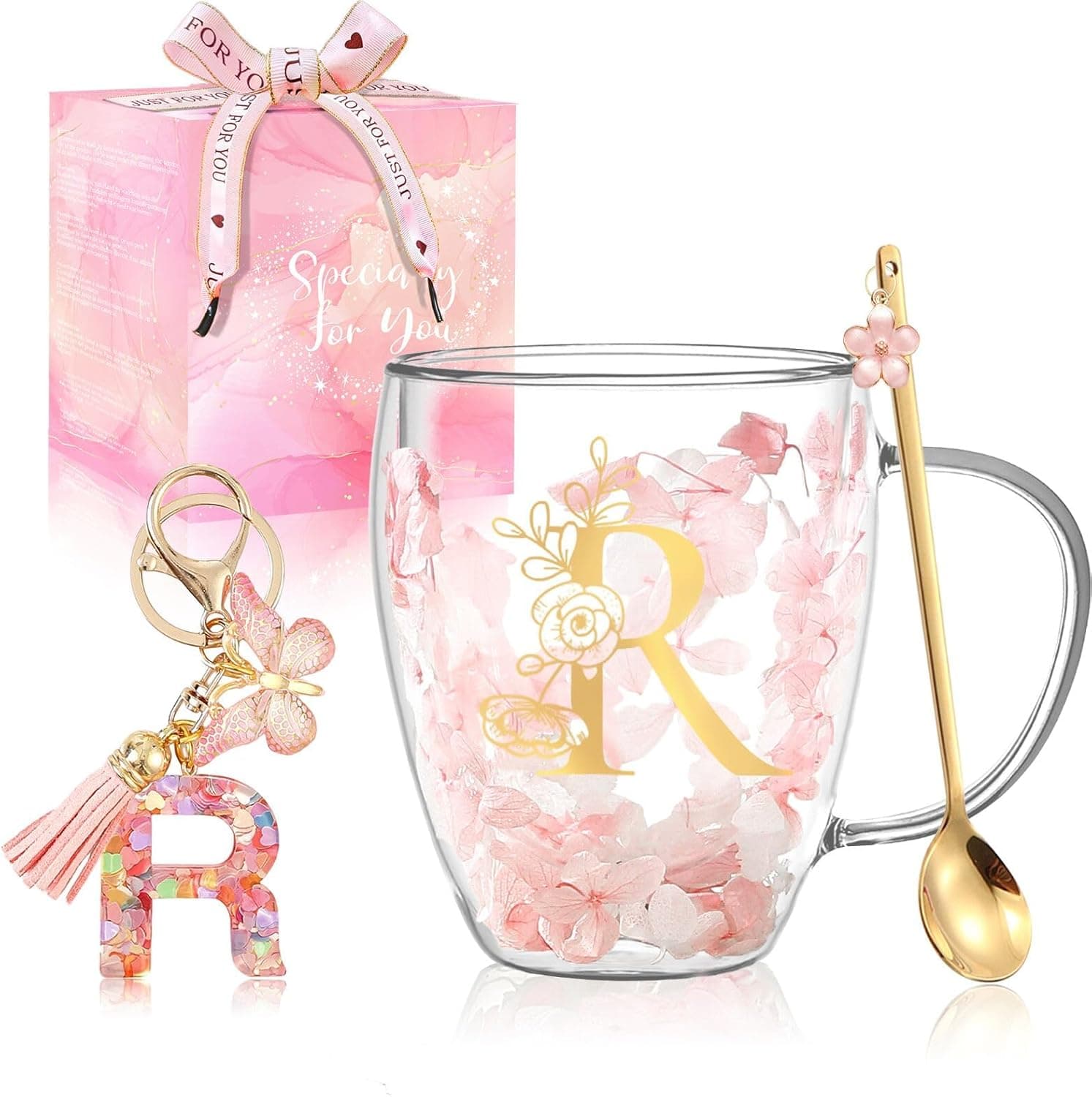 Taza de cristal de doble pared con flores secas e inicial personalizada