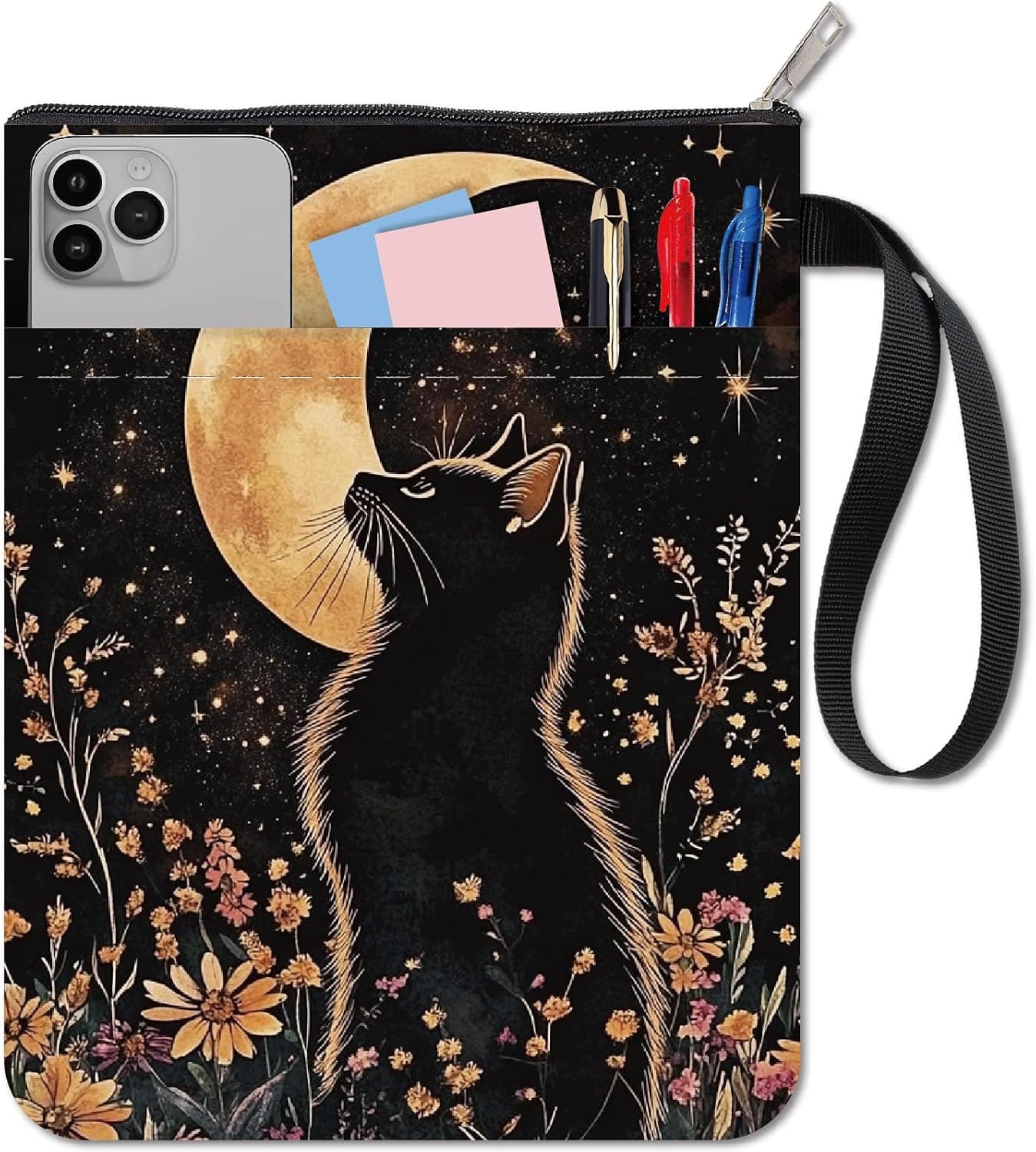 Funda de libro con gato negro, girasol y luna