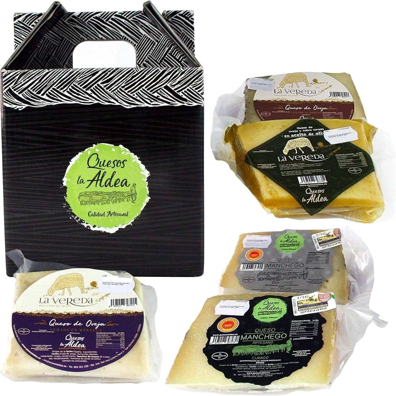 Caja regalo de Quesos La Aldea con cinco cuñas de queso manchego y de oveja