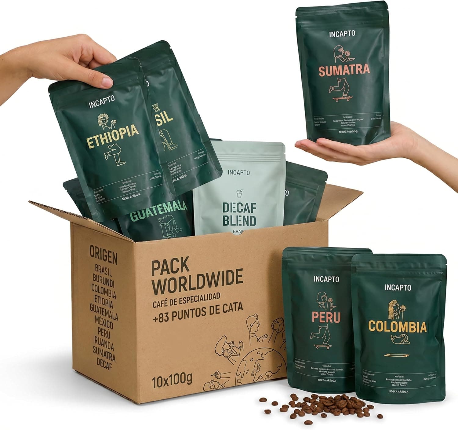 Pack de café de degustación Incapto con 10 bolsas de países distintos