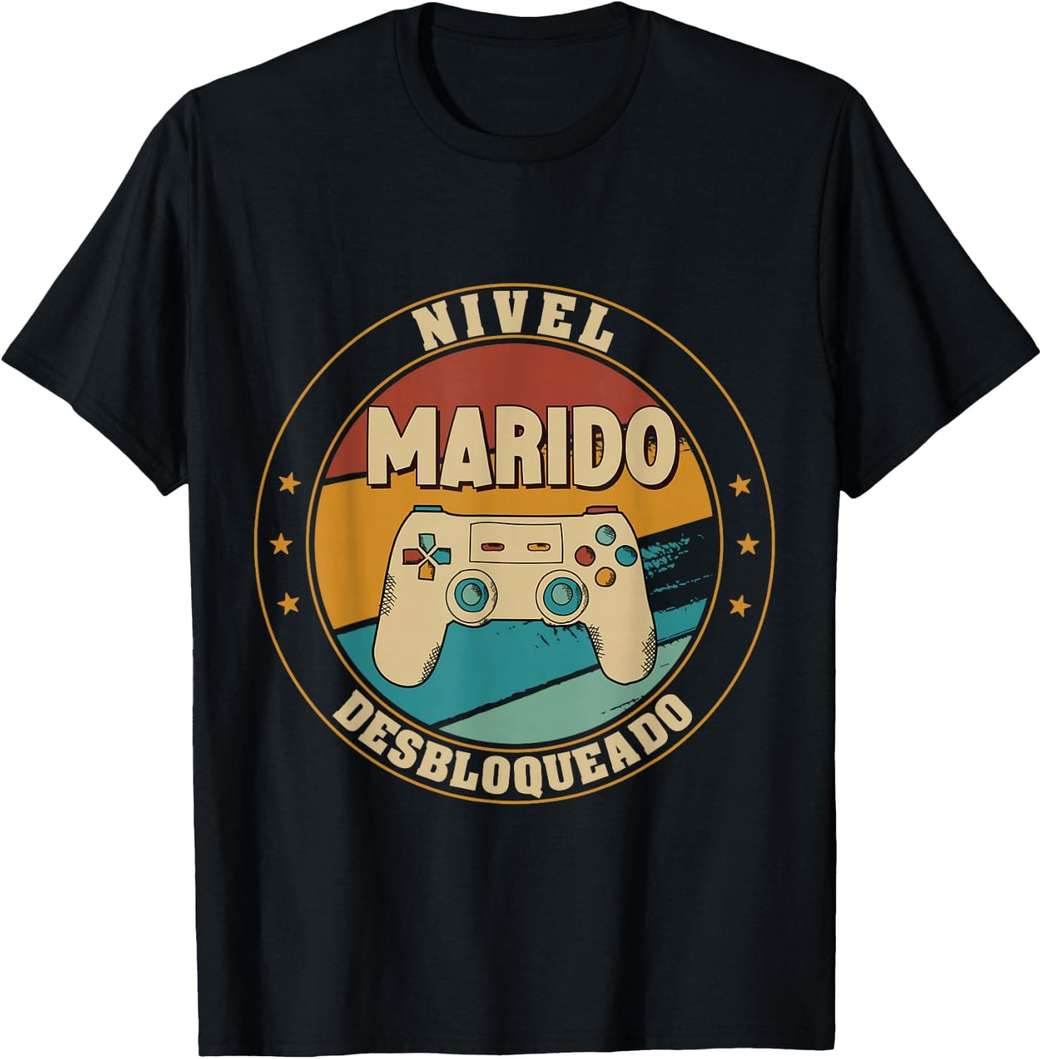 Camiseta negra con el diseño circular "Nivel marido desbloqueado" y un mando de videoconsola